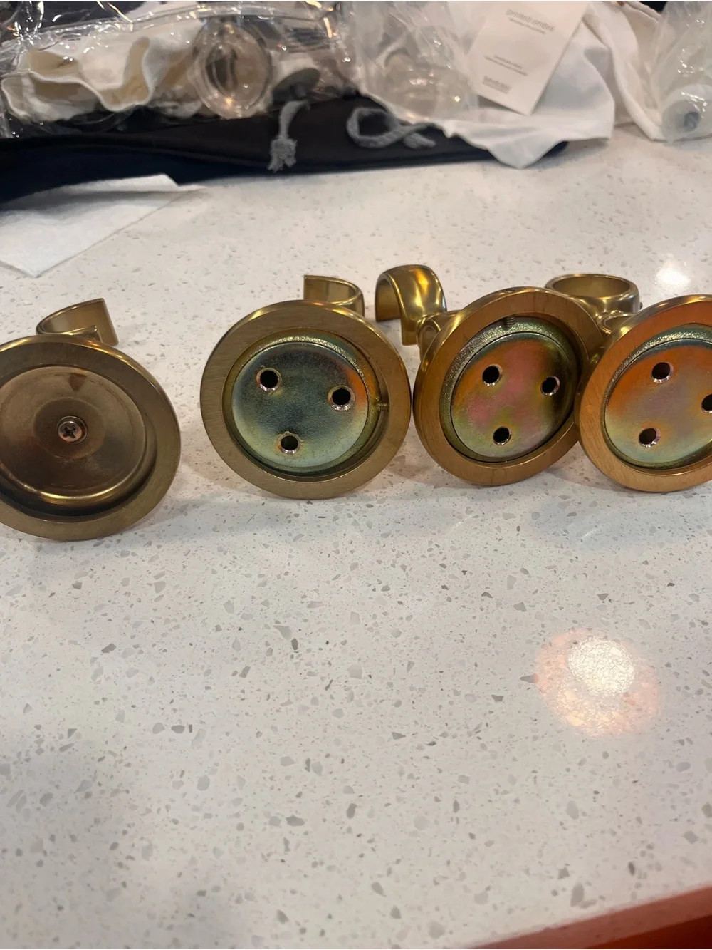 Restoration Hardware Brushed Brass Double Curtain Rod Brackets and finnials